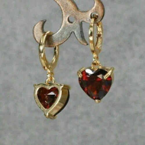 4Ct Heart Cut Red Garnet Solitaire Drop Dangle Earrings 14K Yellow Gold Finish