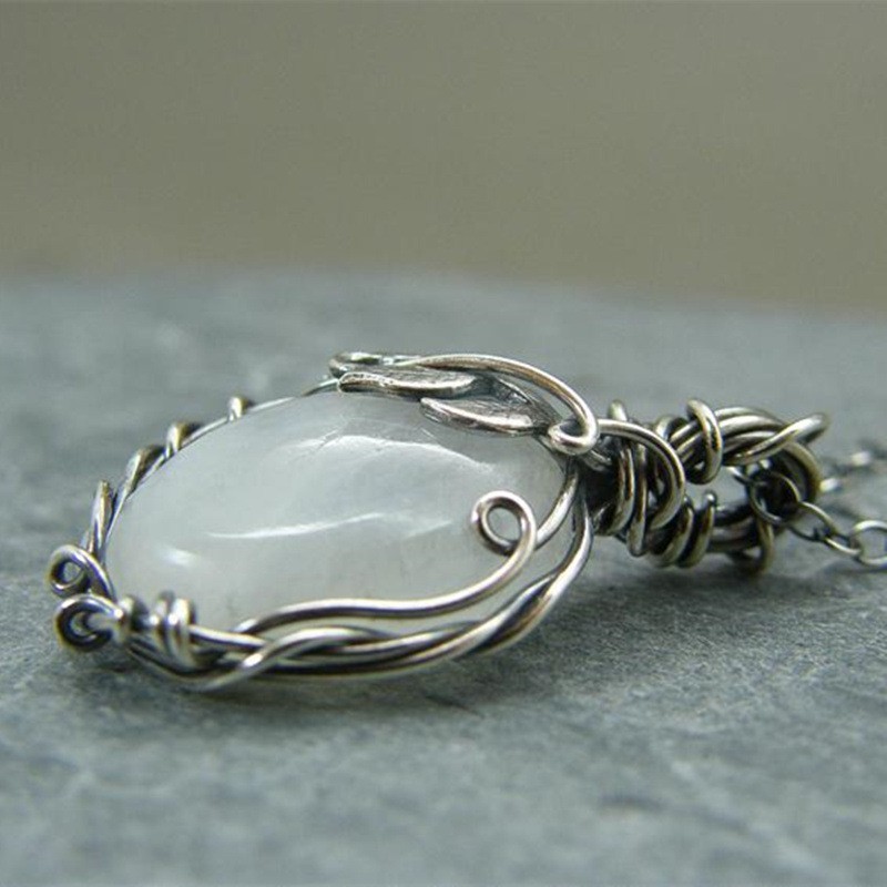 White Rainbow Moonstone Gemstone Silver Vintage Style Necklace- Pendant