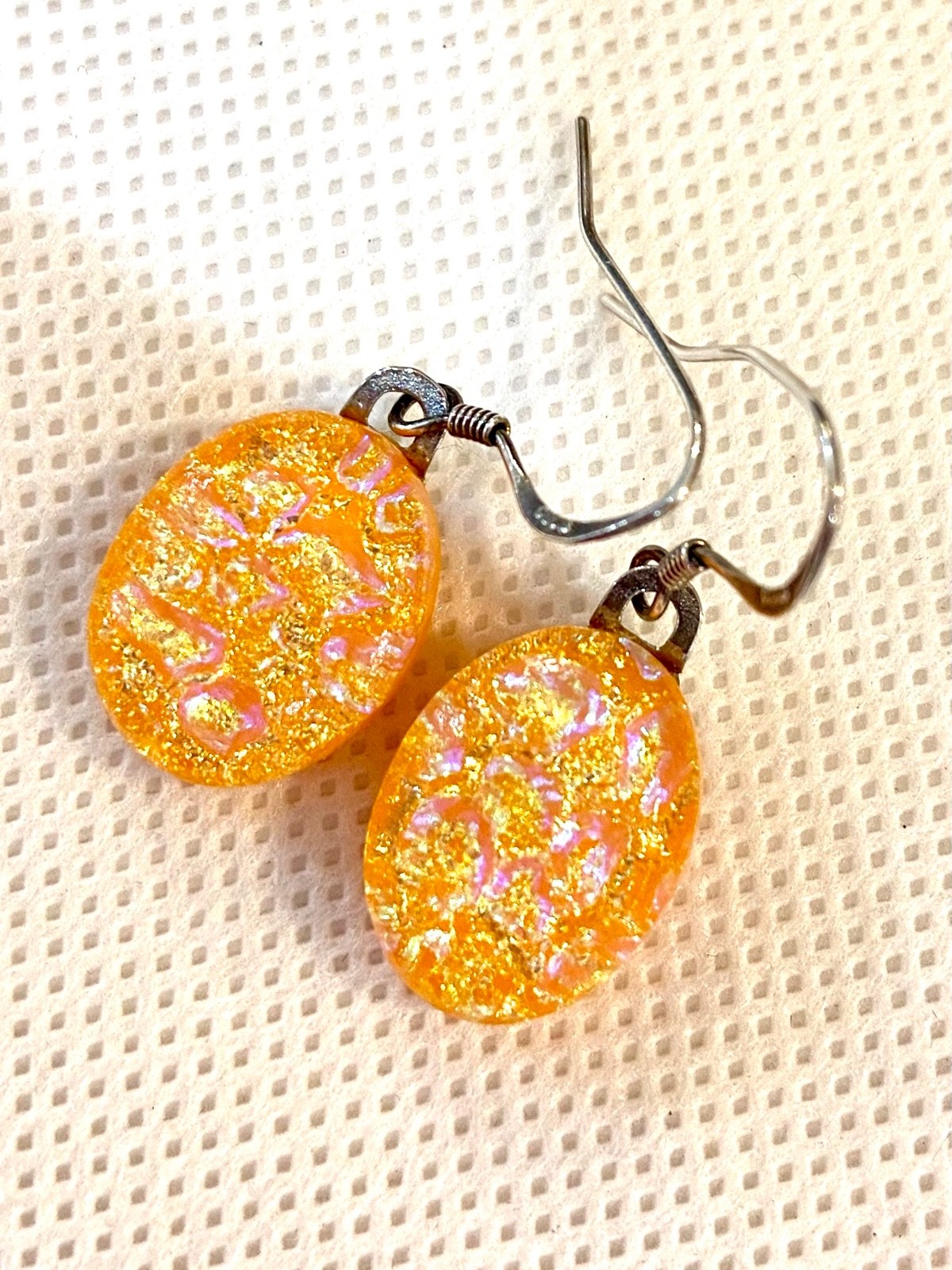 Orange Fused Dichroic Art Glass Dangle Earrings – Sterling Silver Ear Wires