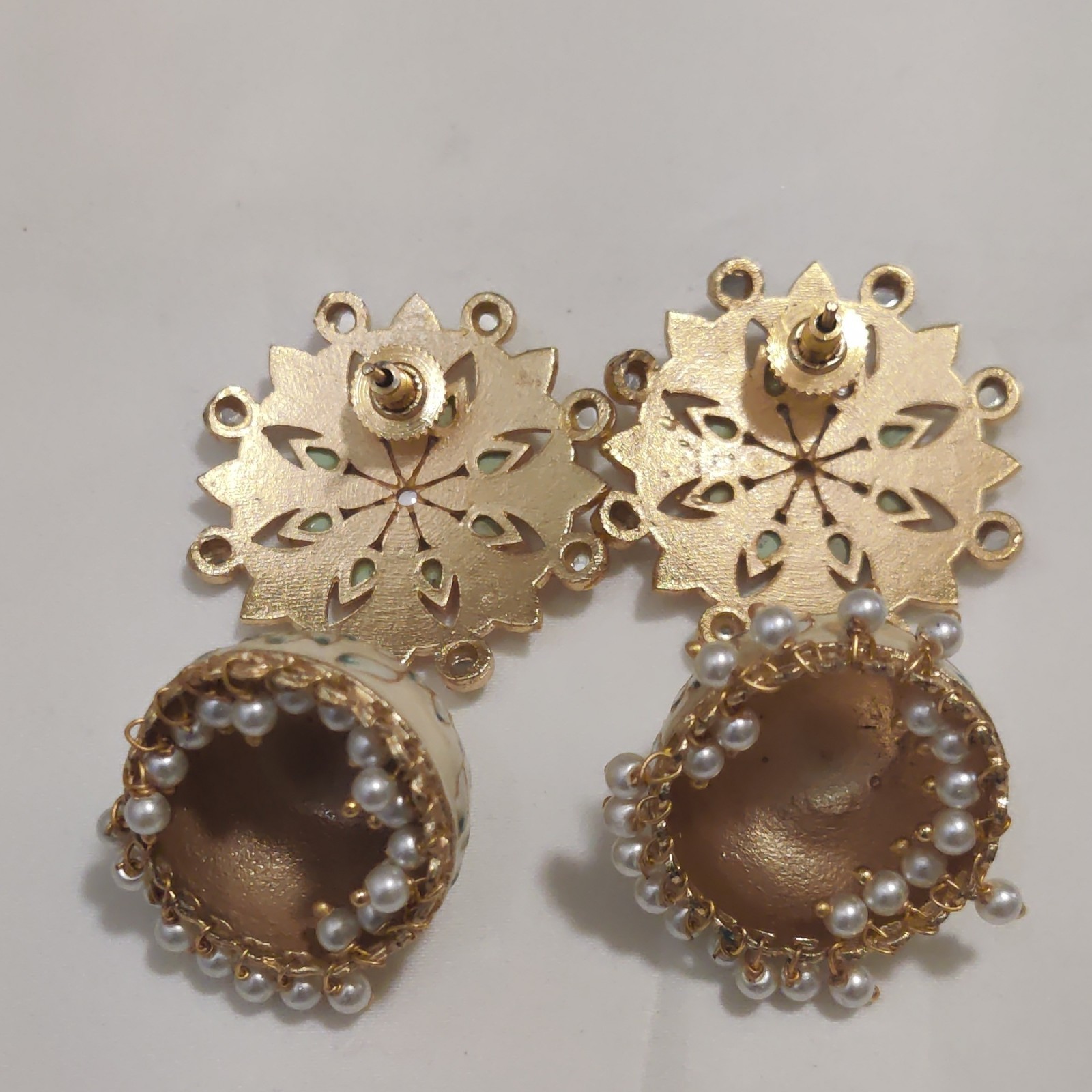 Gold Plated Flower Jhumka Dangle Earrings, Enamel Simulated Pearl Rhinestone