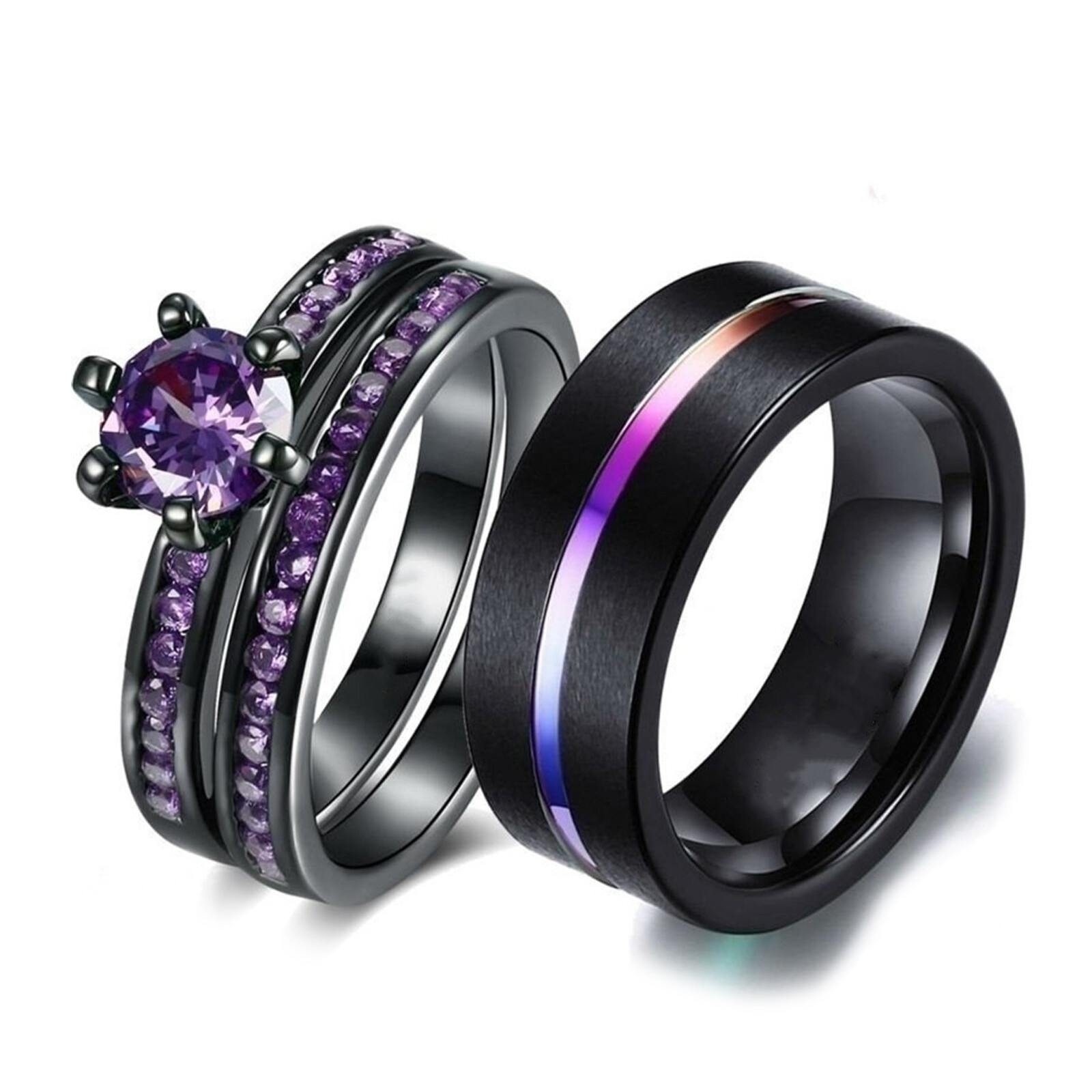 2pcs His&Hers Couple Rings Heart CZ Matching Promise Wedding Engagement Band Set