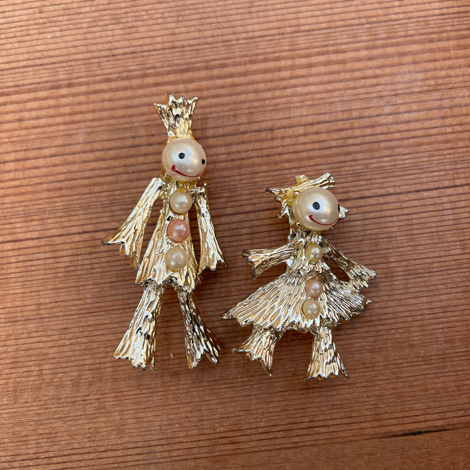 Vintage Gold Tone Male & Female Snowman Pins Brooches with Faux Pearls