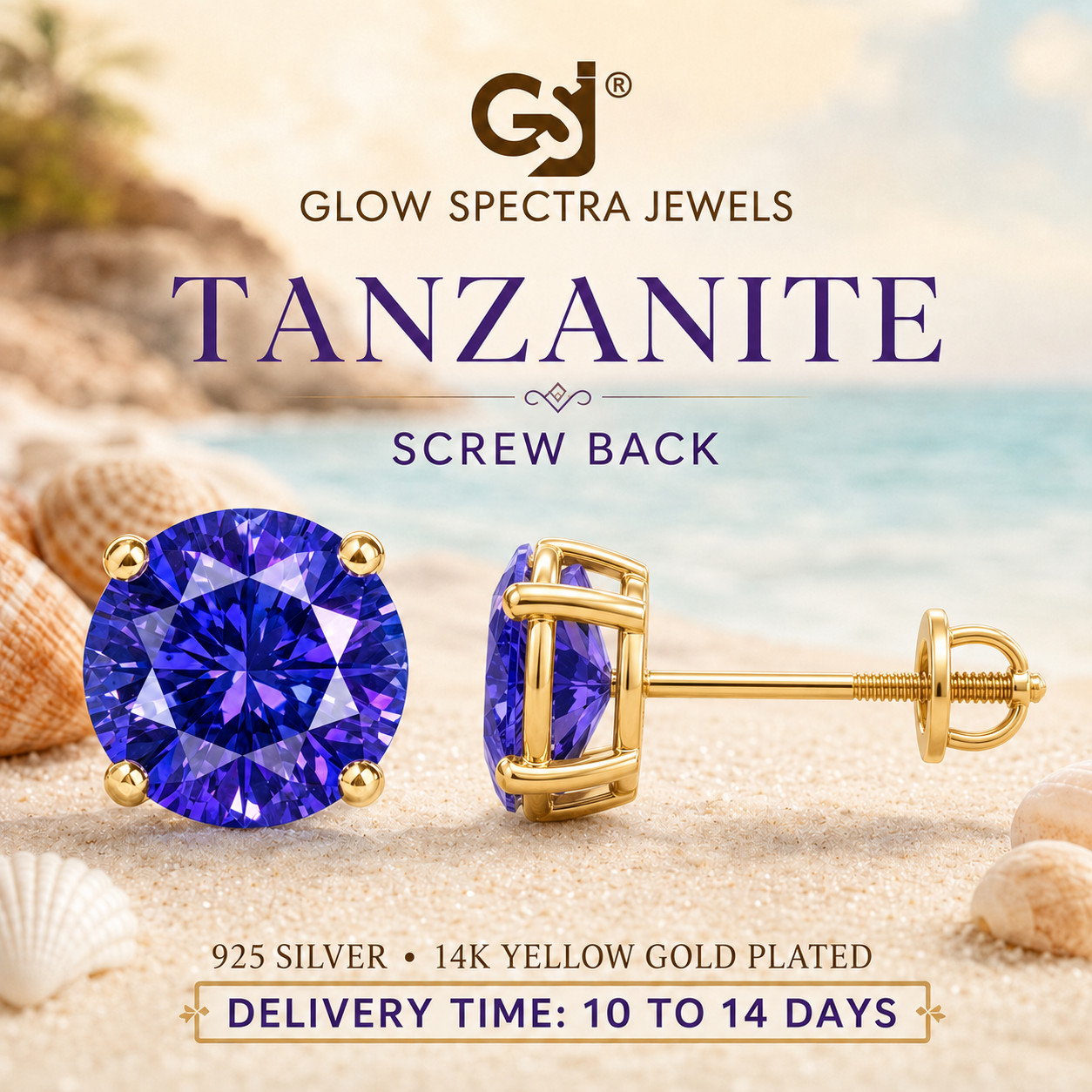 2.00CT Solitaire Tanzanite Stud Erring Screw Back 14k Yellow Gold Plated