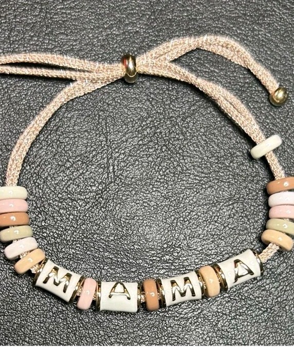 Adjustable Cord Beaded Bracelet MAMA Letter Beads Slide Closure Pink White