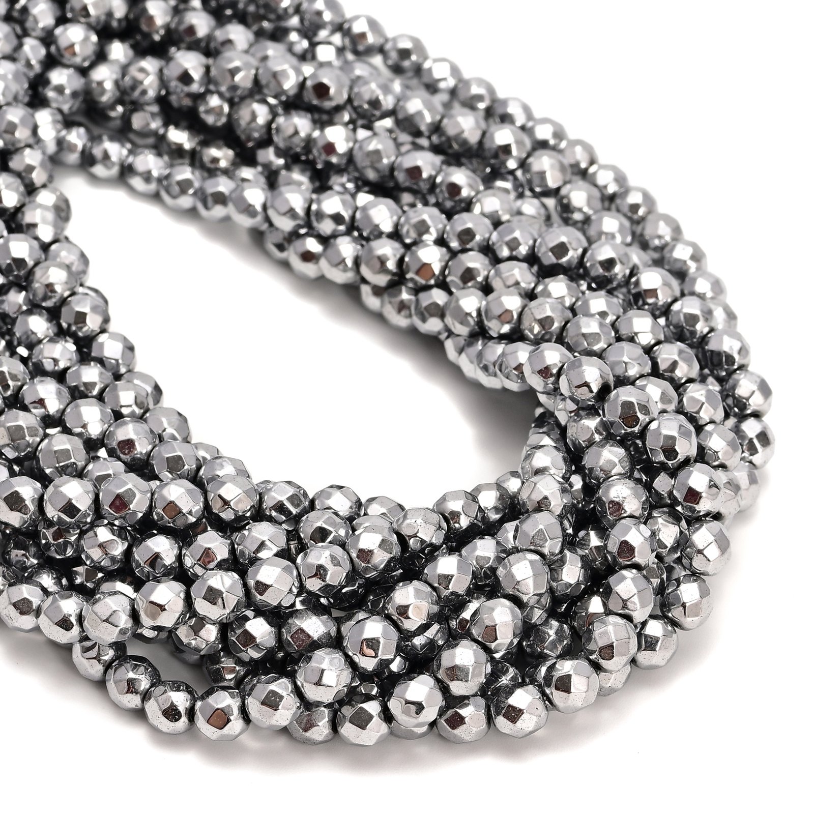 Silver Hematite Faceted Round Beads 2mm 3mm 4mm 6mm 8mm 10mm 12mm 15.5″ Strand