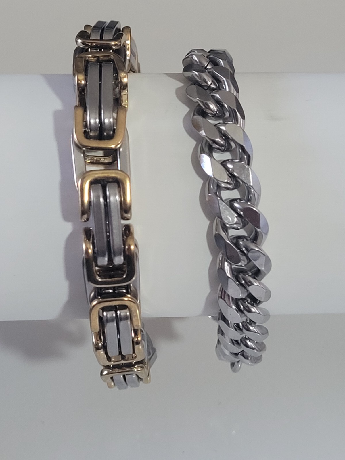 2 Pack Stainless Steel Byzantine Box & Cuban Link Curb Chain Bracelet Set