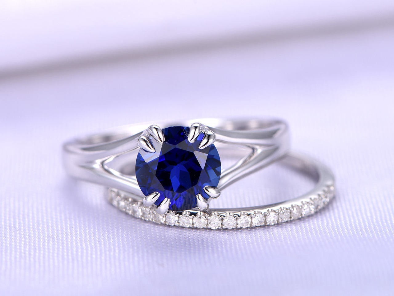 1.20 Ct Round Natural Sapphire Diamond Engagement Ring 14K White Gold Size 6.5