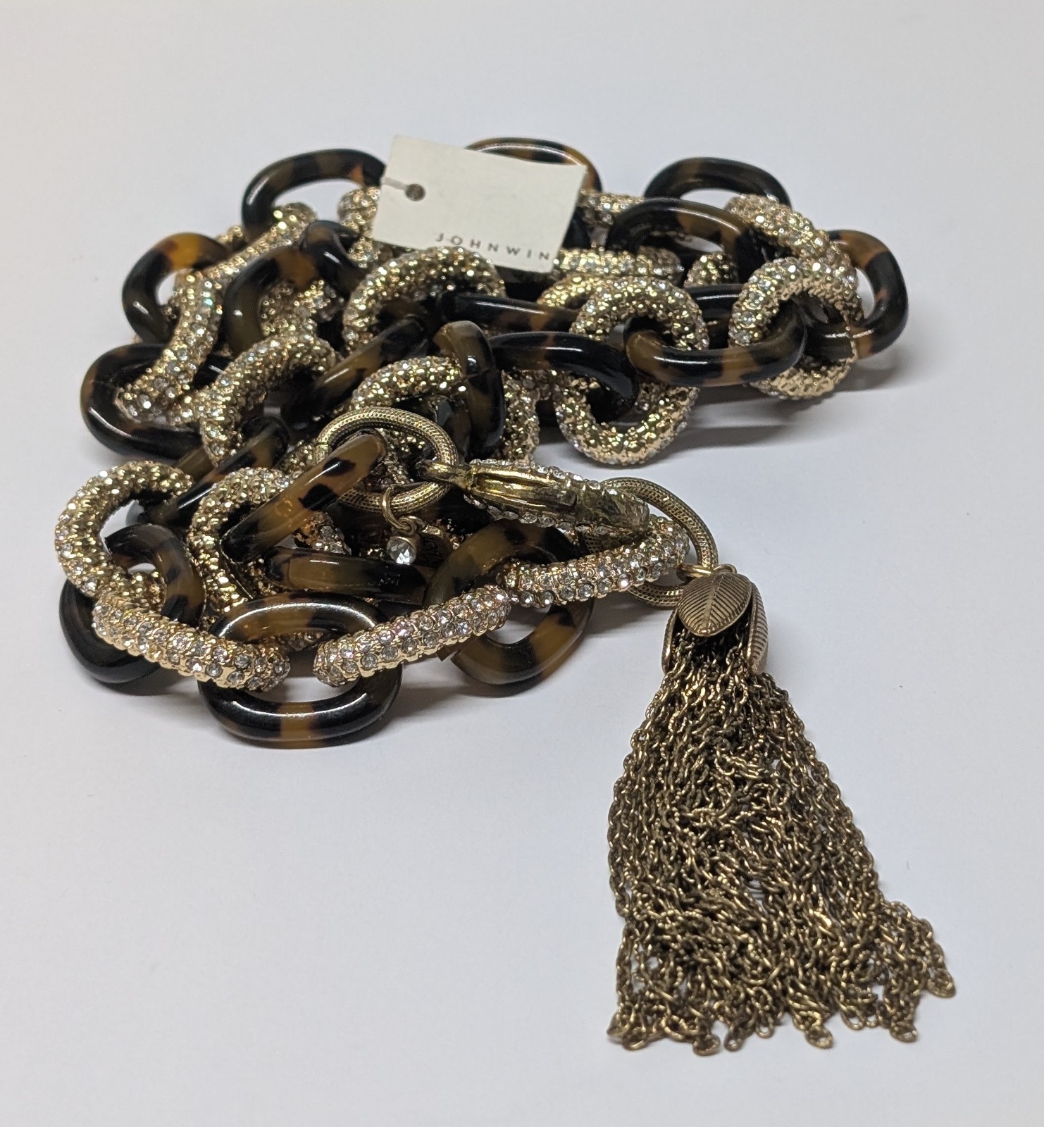 John Wind Chunky Rhinestone and Tortoise Link Chain Necklace Gold Tone