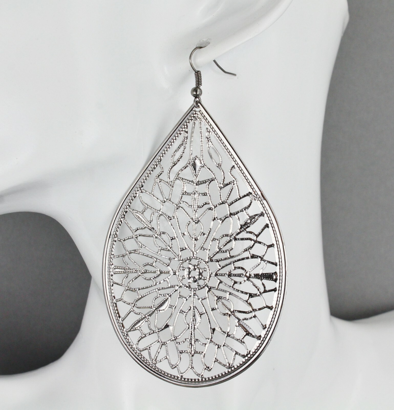 Big Huge Dark Grey earrings lightweight filigree teardrop oval dangle 3.75″ long