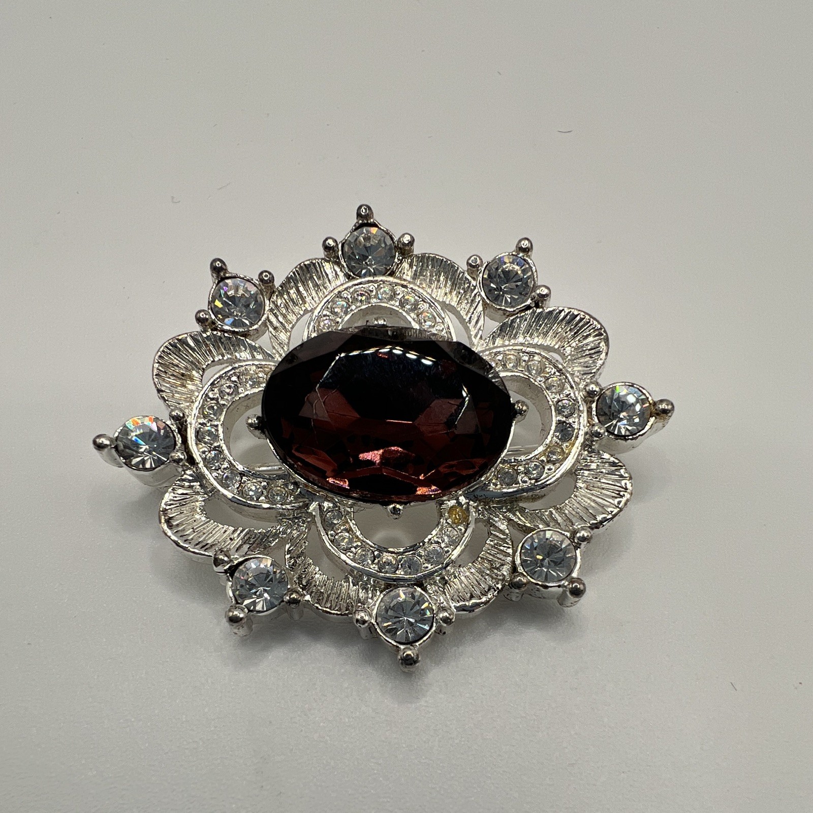 Napier Signed Silver Tone Flower Brooch Pin Amethyst/Rhinestone & Clear Accents