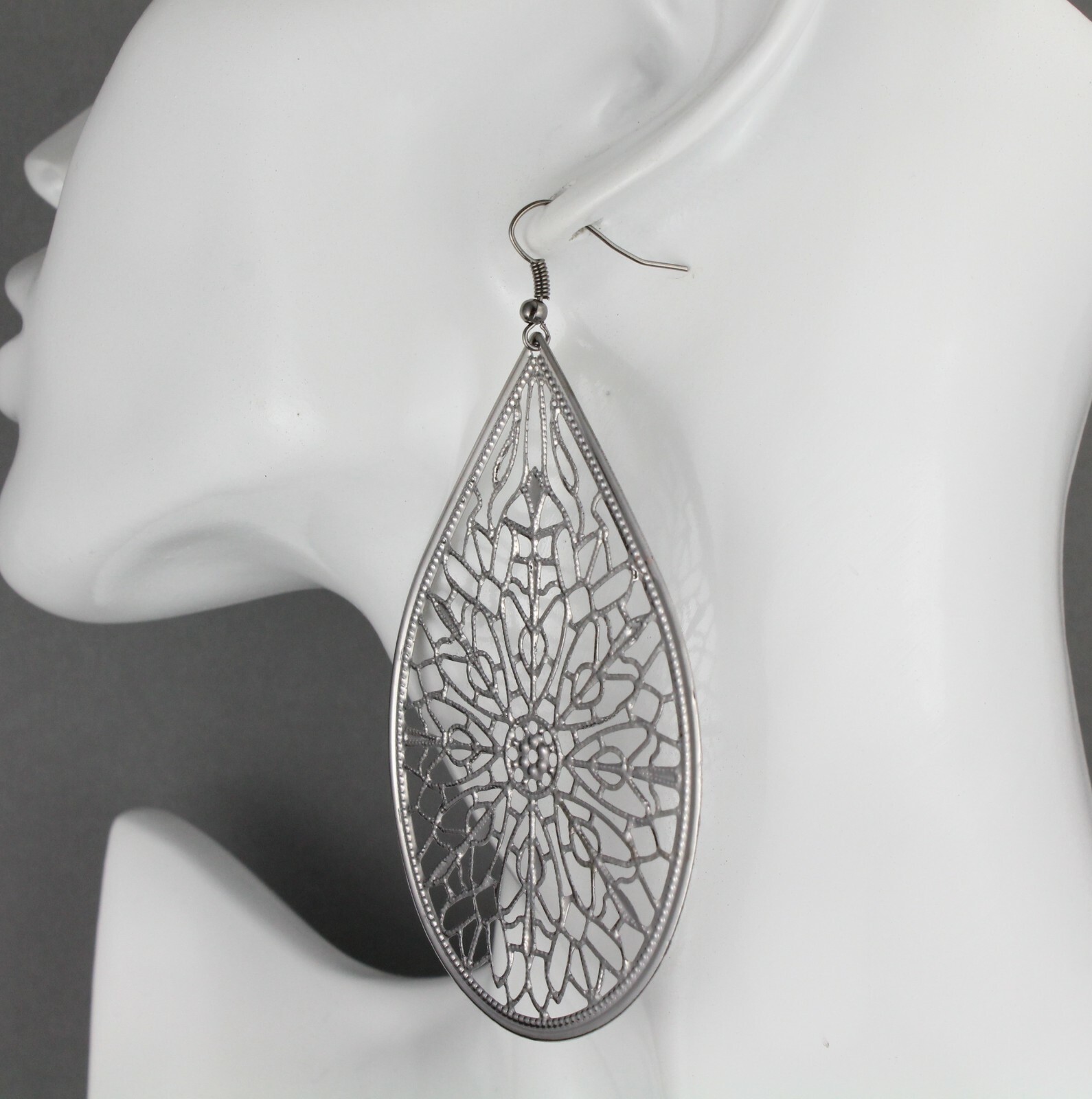 Big Huge Dark Grey earrings lightweight filigree teardrop oval dangle 3.75″ long