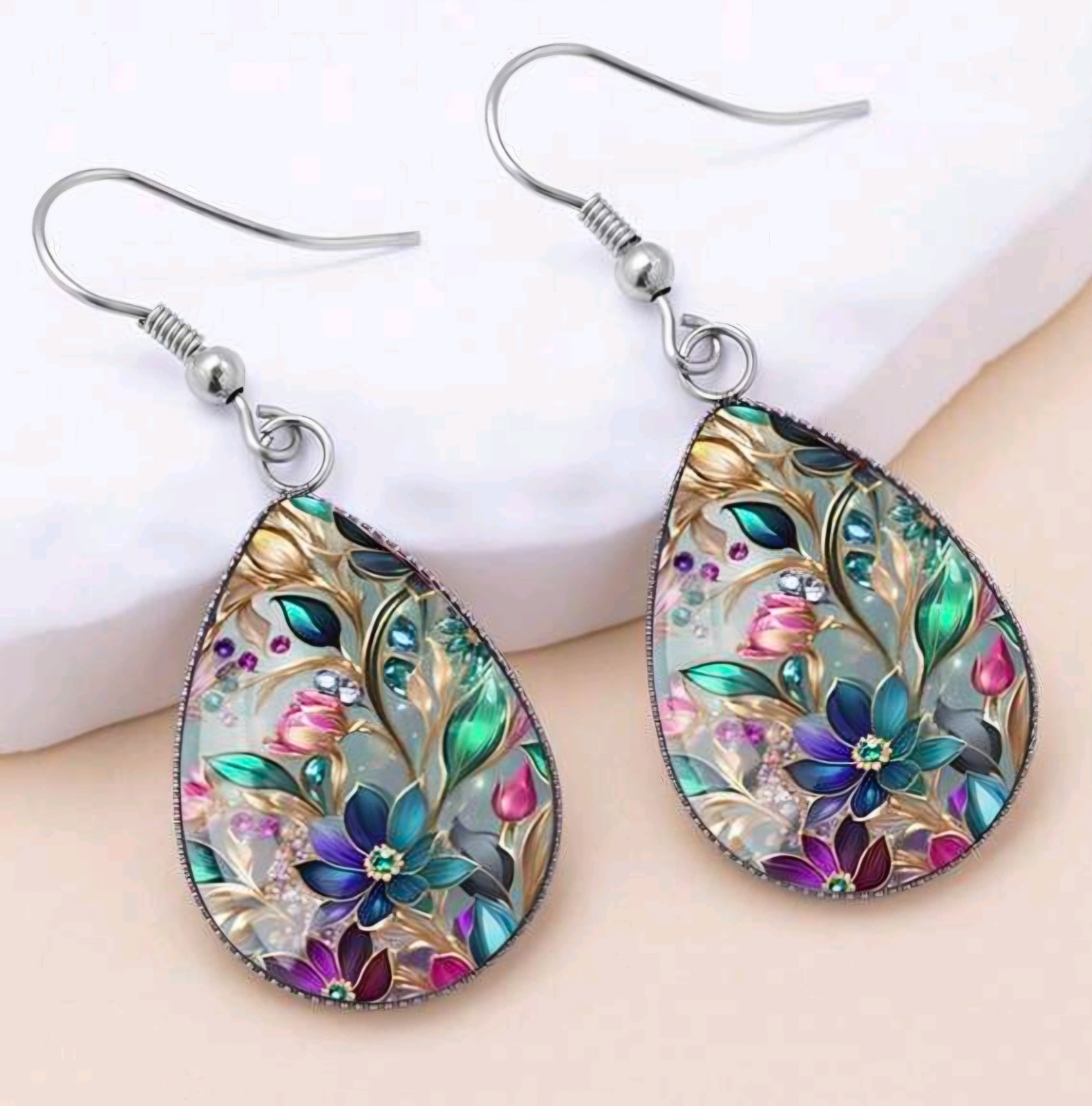 Boho Silver Multi-Color Floral Teardrop French Hook Earrings Approx 1.8″L