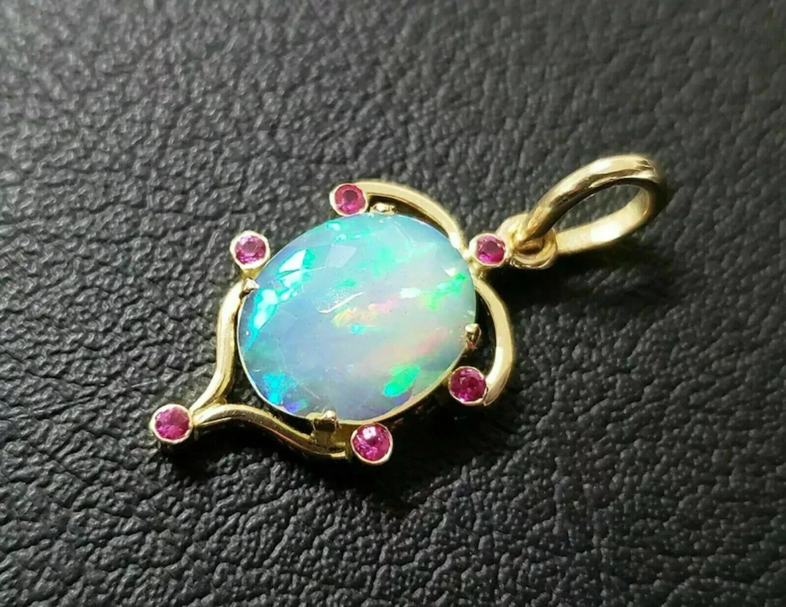 3Ct Oval Opal Ruby Diamond Solitaire Pendant With Chain 14K Yellow Gold Finish