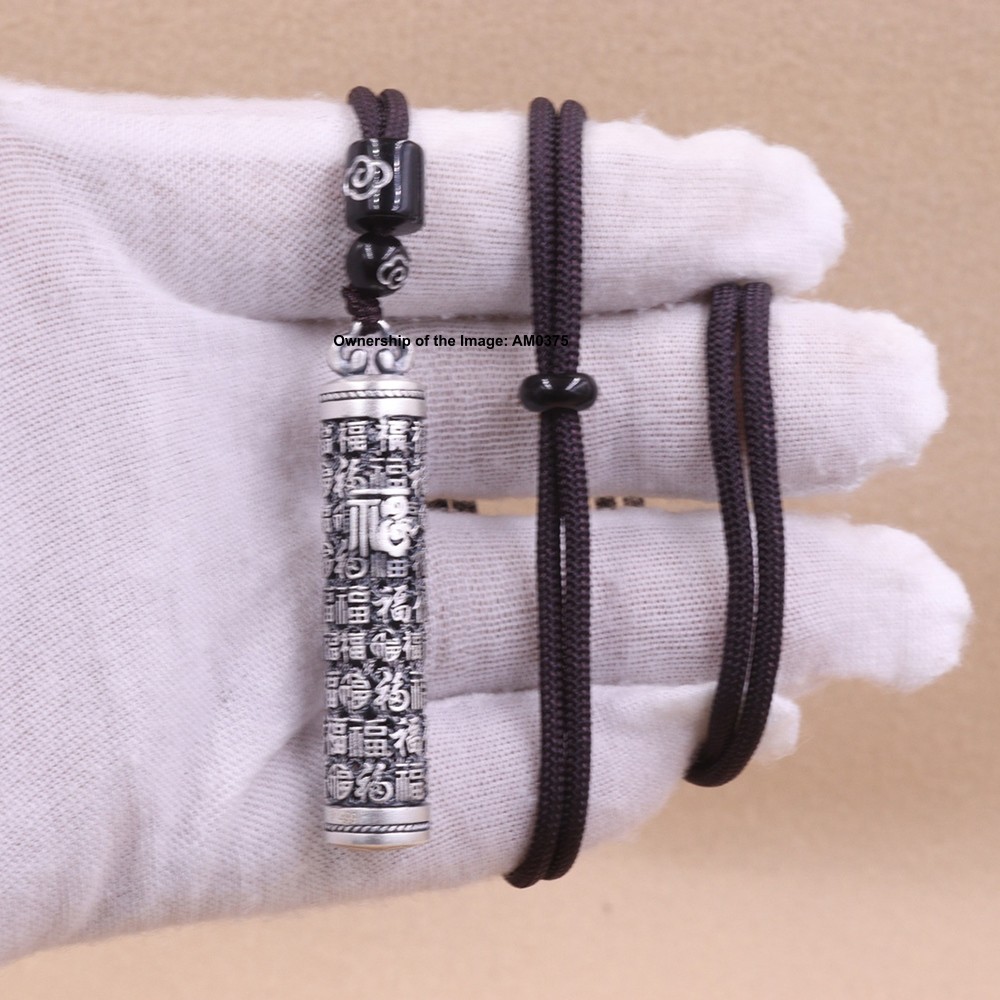 Solid 999 Pure Silver Long Cylindrical Pendant Engraved 福 (Good Fortune) Symbol