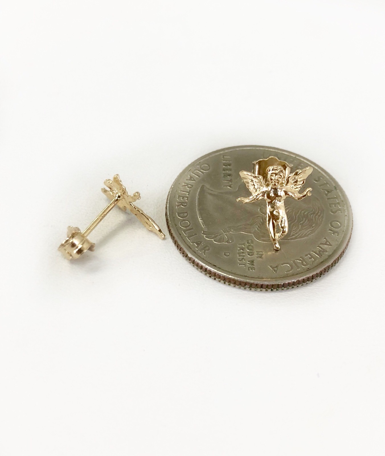 14k Solid Yellow Gold Angel Stud Earrings Push Back