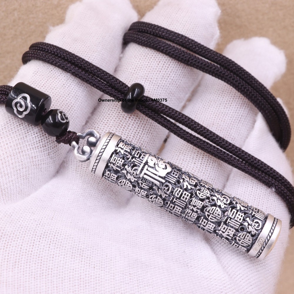 Solid 999 Pure Silver Long Cylindrical Pendant Engraved 福 (Good Fortune) Symbol
