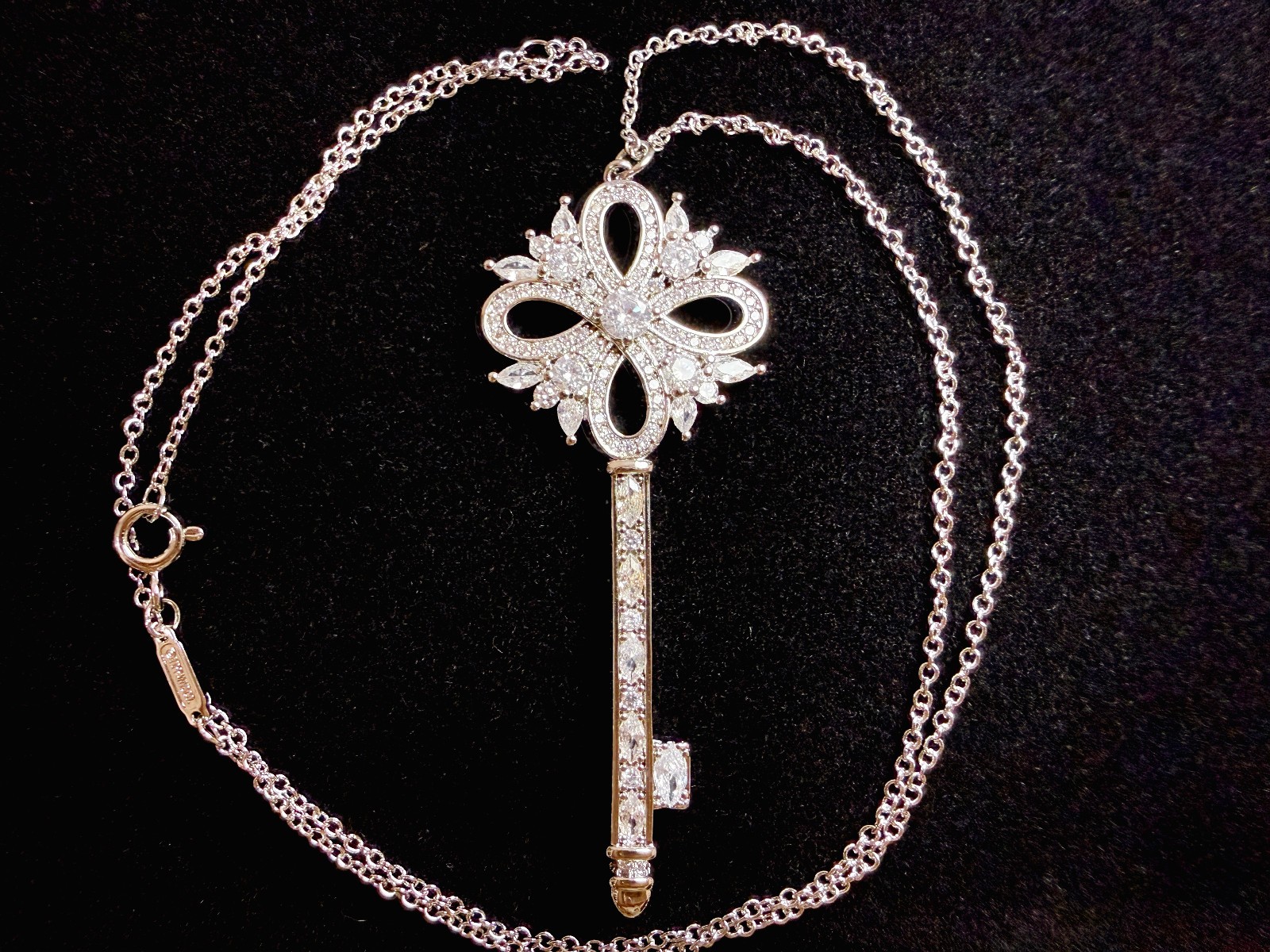 18K White Gold Plated Flower Key Pendant Necklace with Cubic Zirconia Stones