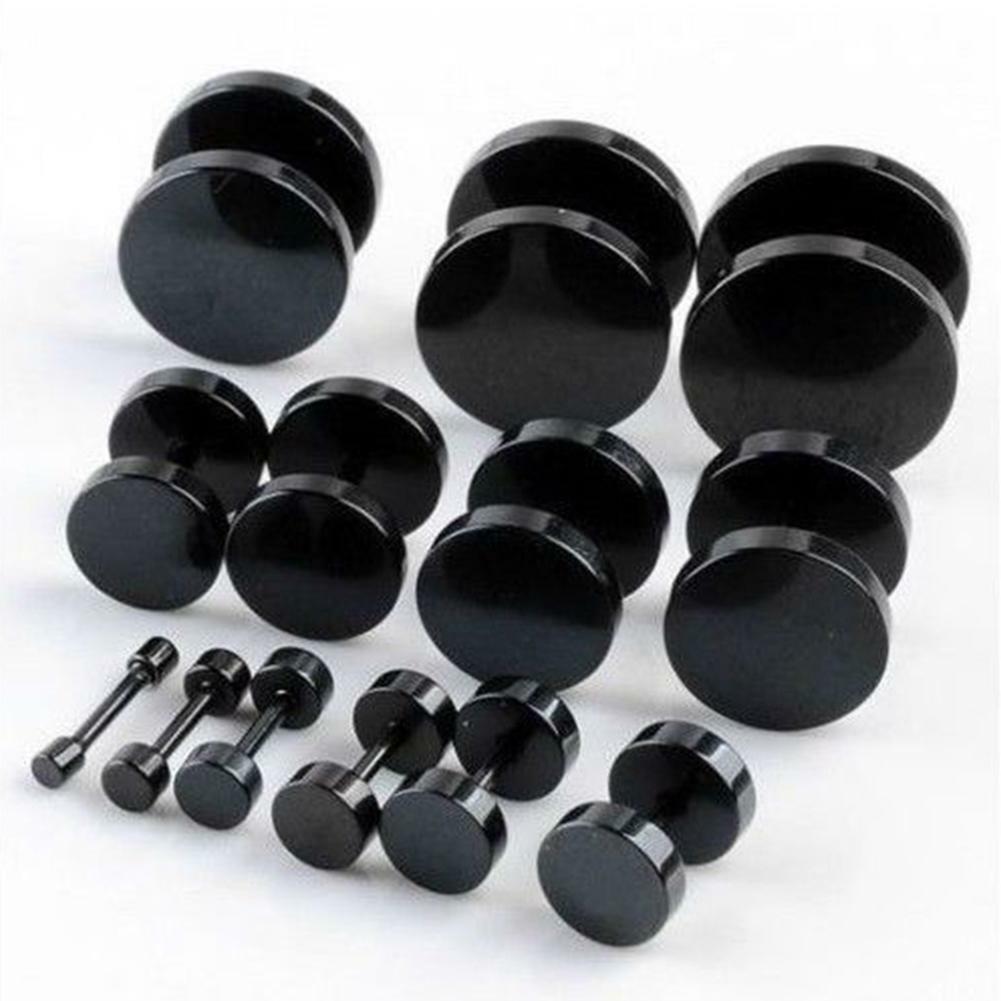 Black Stud Earrings Men Women Faux Gauges Ear Tunnel Stainless Steel Earrings