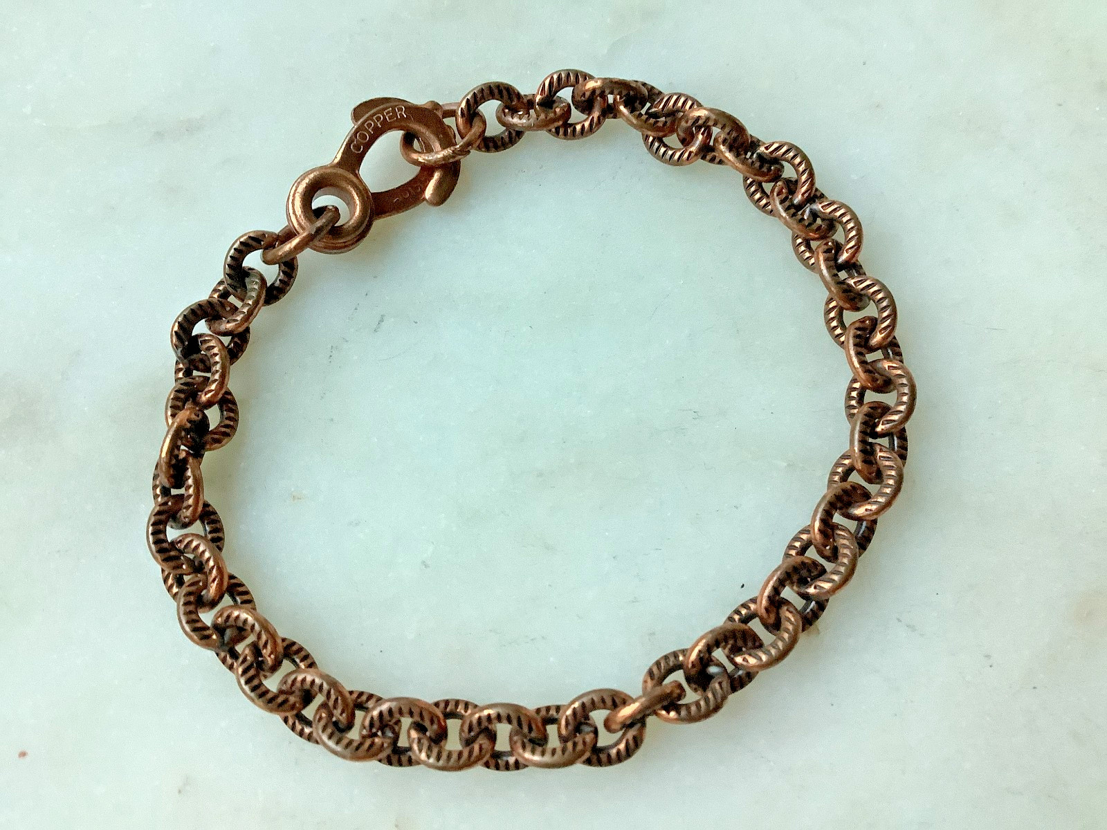 Solid Copper Bracelet Vintage Etched Links Unisex, Signed 6.5” Estate Jewelry