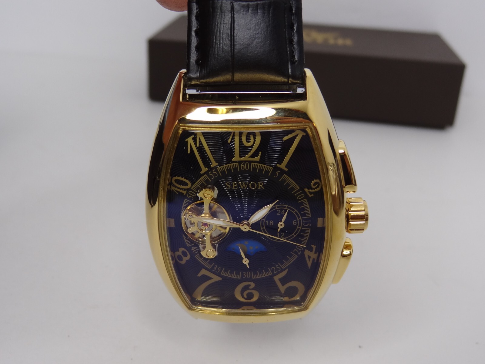 SEWOR Skeleton Watch Mechanical Automatic Self-Wind Leather Bracelet Moon Phase