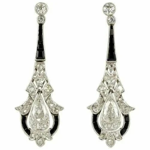 Art Deco Style Pear Cut Lab Created Diamond Wedding 14K White Gold FN Earrings