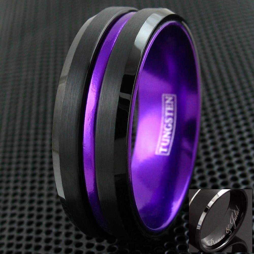 6/8mm Black Tungsten Carbide Ring Purple Stripe Wedding Band -Engraving Avail.