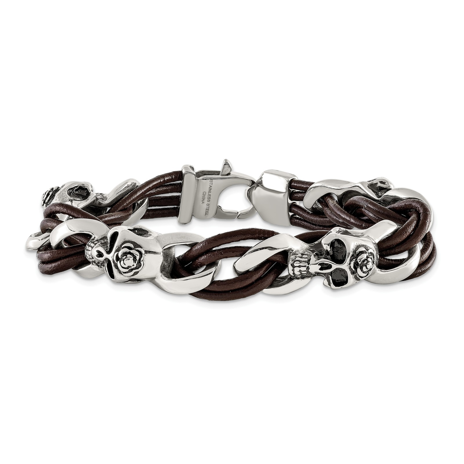Chisel Stainless Steel Antiqued and Polished Skulls with Roses Brown Leather 8 i