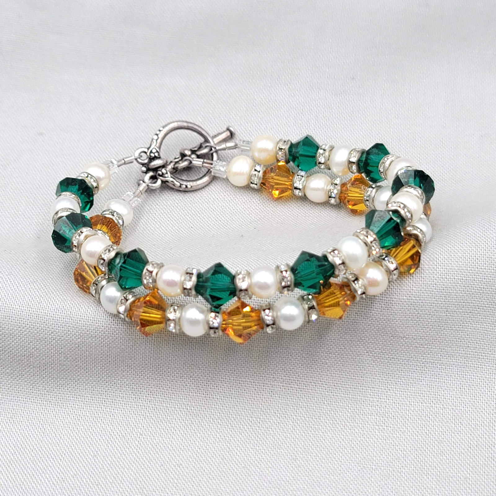 Beaded Bicone Crystal Green Orange Double Strand Bracelet Silver tone Toggle 6.5