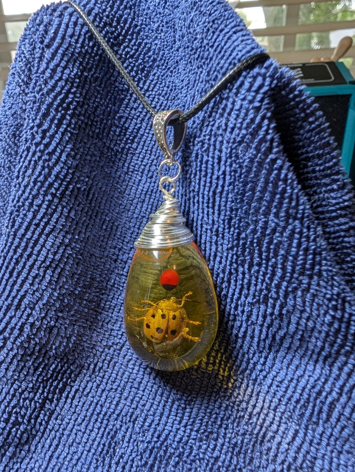 Yellow Resin Teardrop Ladybug Wire Wrapped Handmade Pendant Necklace,