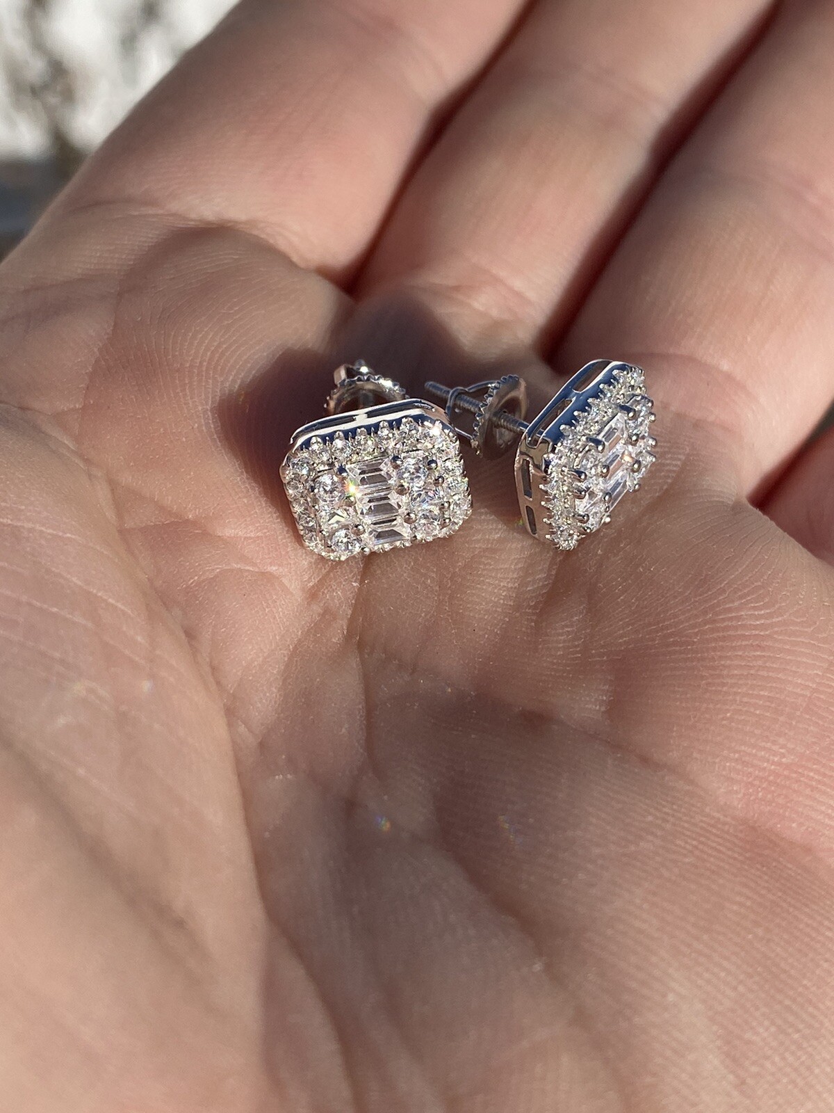 Men’s Real Solid Sterling Silver Baguette Simulated Diamond Hip Hop Earring 925