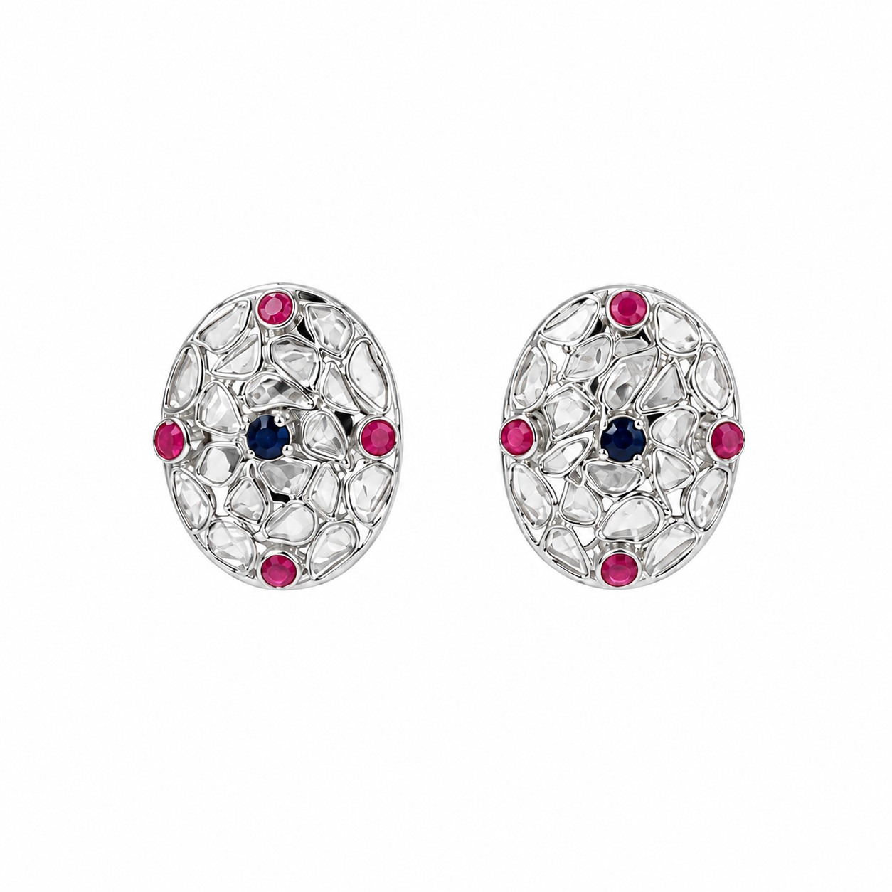 Natural Polki Stud Earrings 925 Sterling Silver Handmade Bridal Wedding Gift