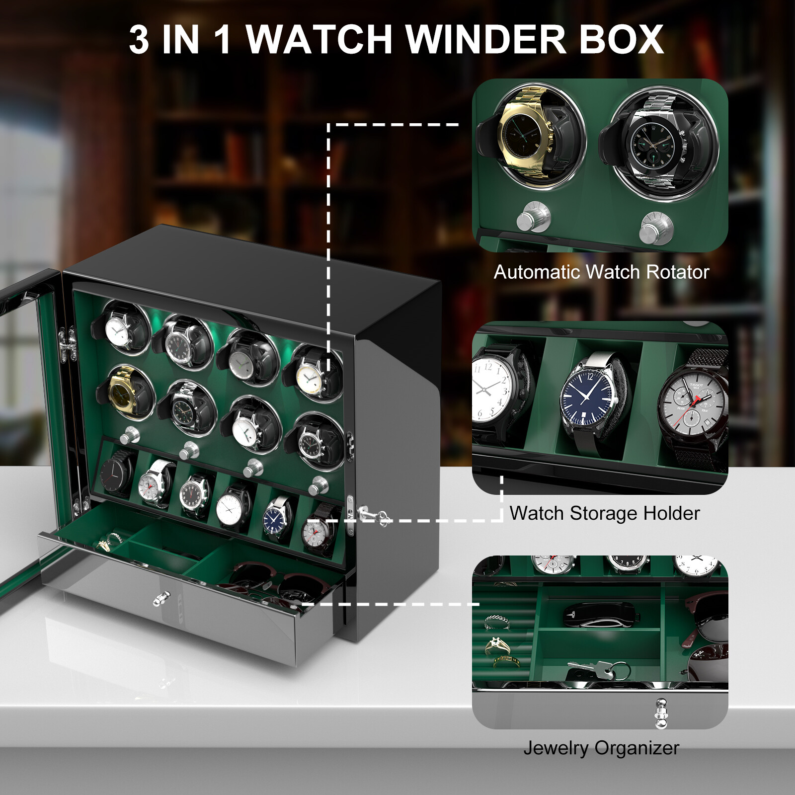 New Compact LED Automatic 8 Watch Winder With 6 Watches Display Storage Box Gift
