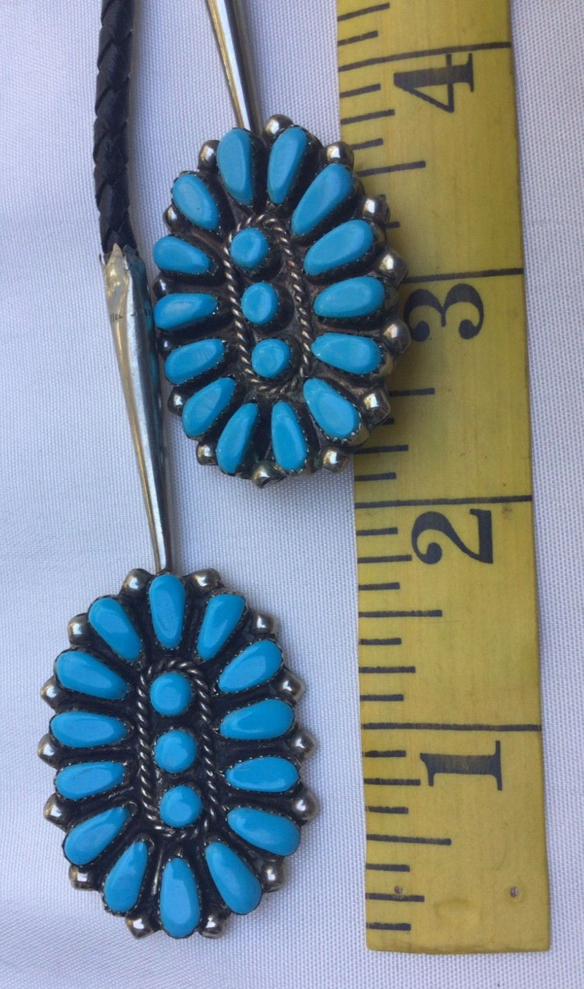 Vintage Native American BOLO TIE Silver & Cluster Turquoise Stones Zuni UNMARKED