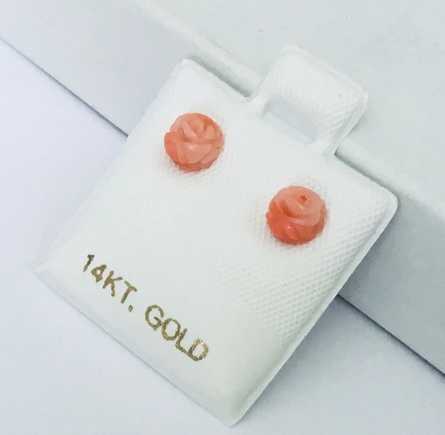 Tiny 14K Gold Natural Pink Coral Hand Carved Rose Flower Stud Earrings NEW