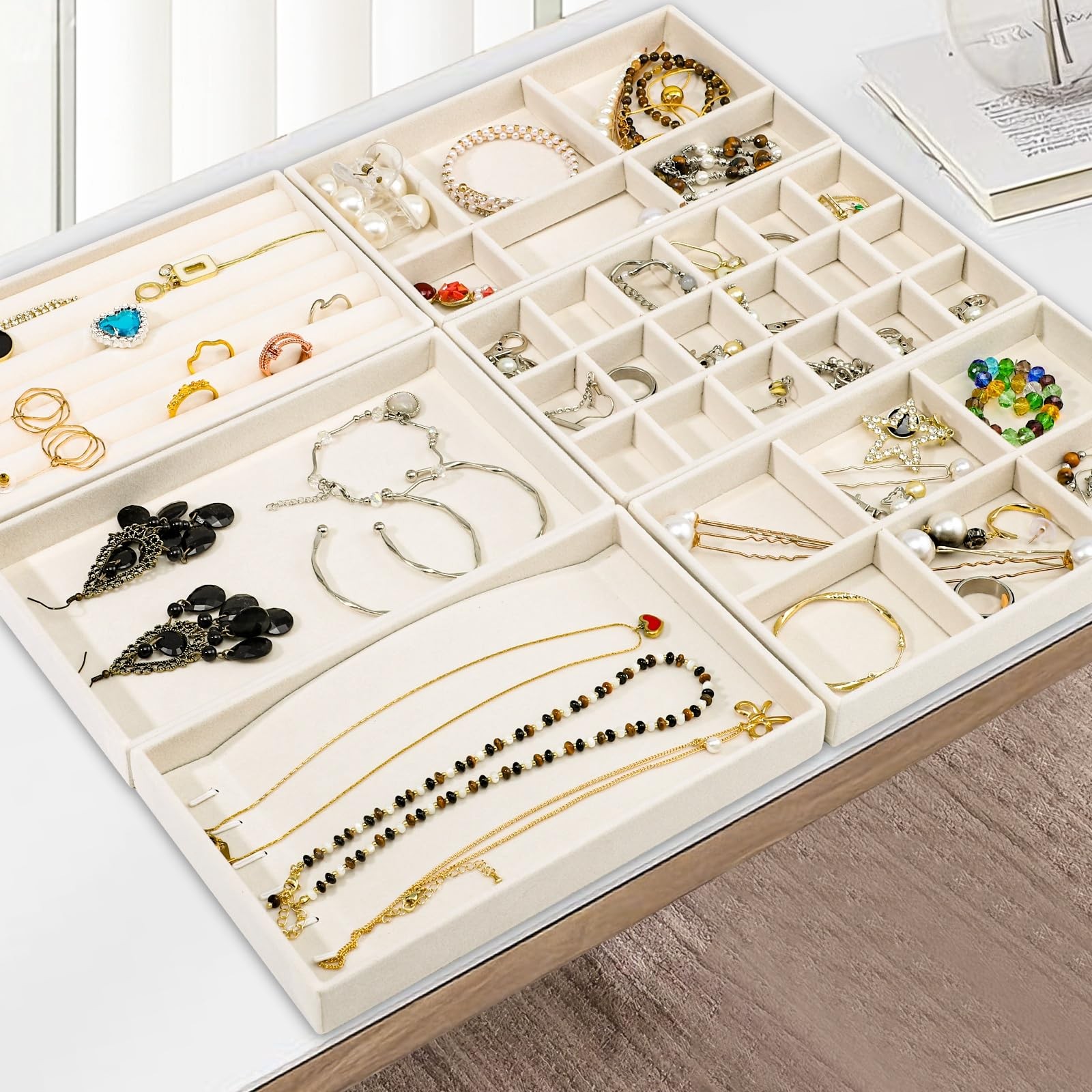 Dntorx Stackable Jewelry Organizer Trays, 6 Set of Velvet Jewelry Drawer Inse…