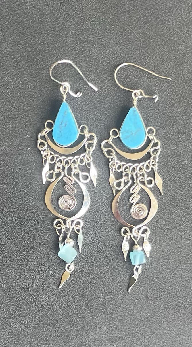 Peruvian Blue Turquoise Semi-Precious Stone Necklace Long Earrings Set Boho Peru