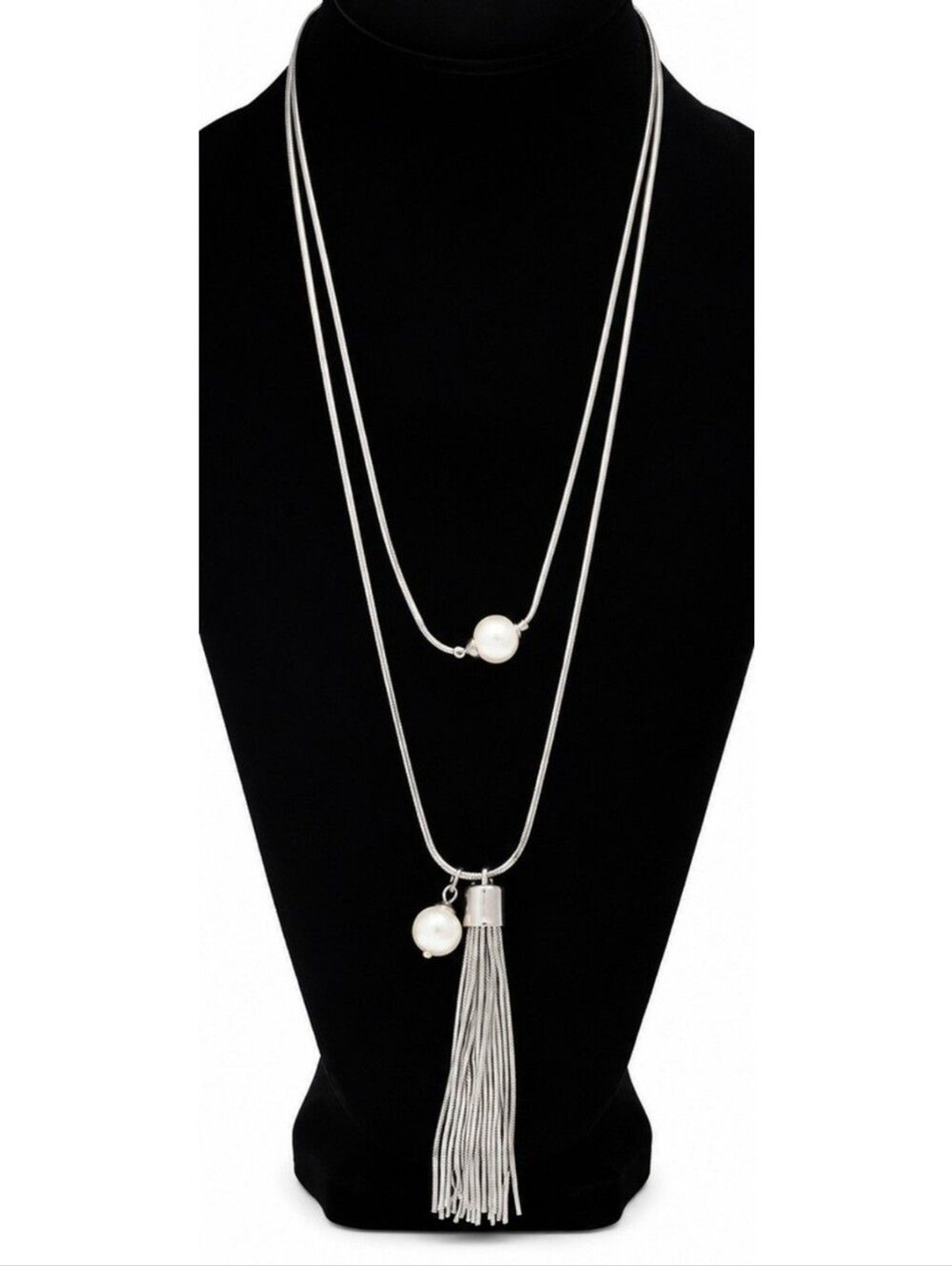 White House Black Market Silver Tone Tassel Necklace Faux Pearl Long Statement