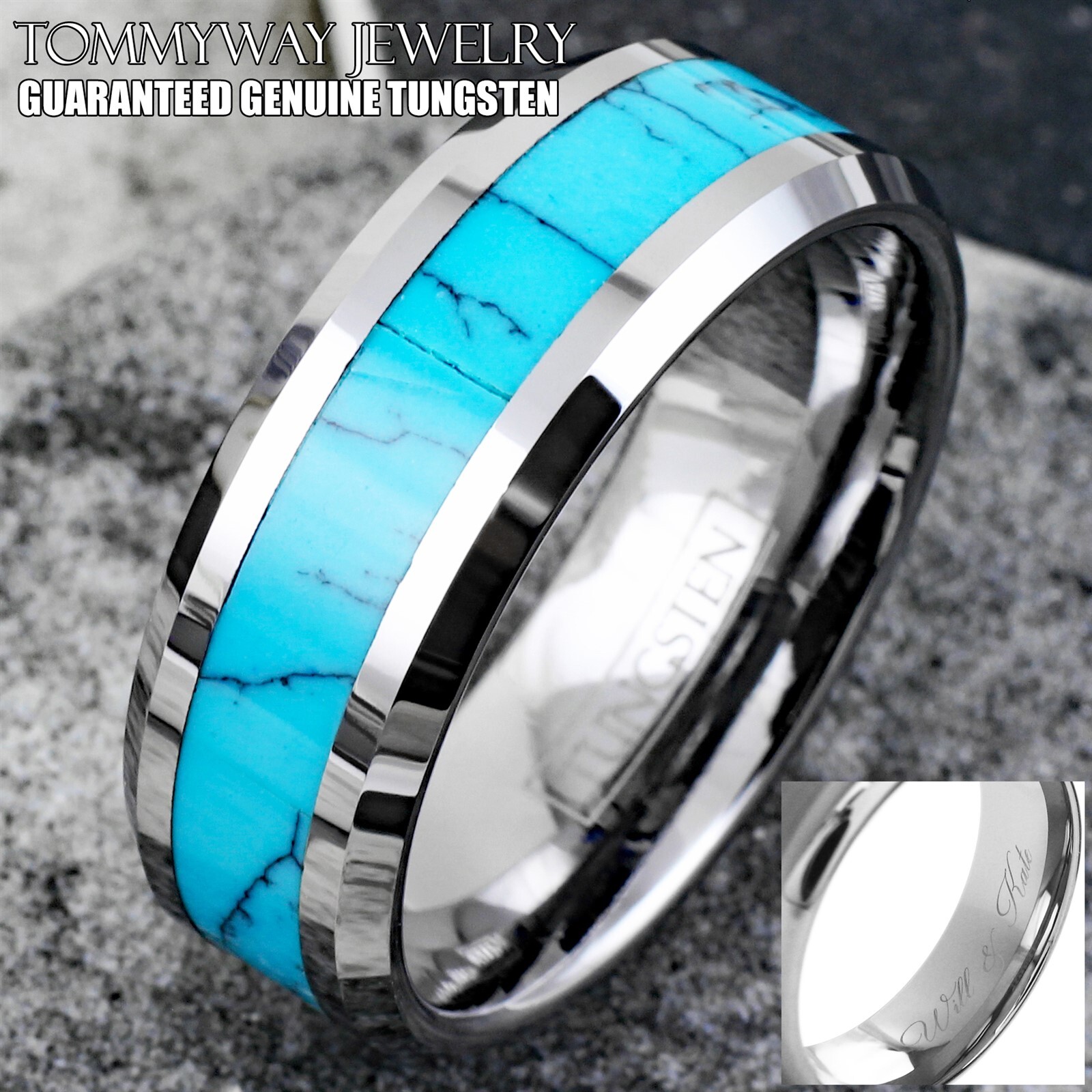 Tungsten Carbide Men’s Turquoise Inlaid Comfort Fit Wedding Band Ring Size 5-13