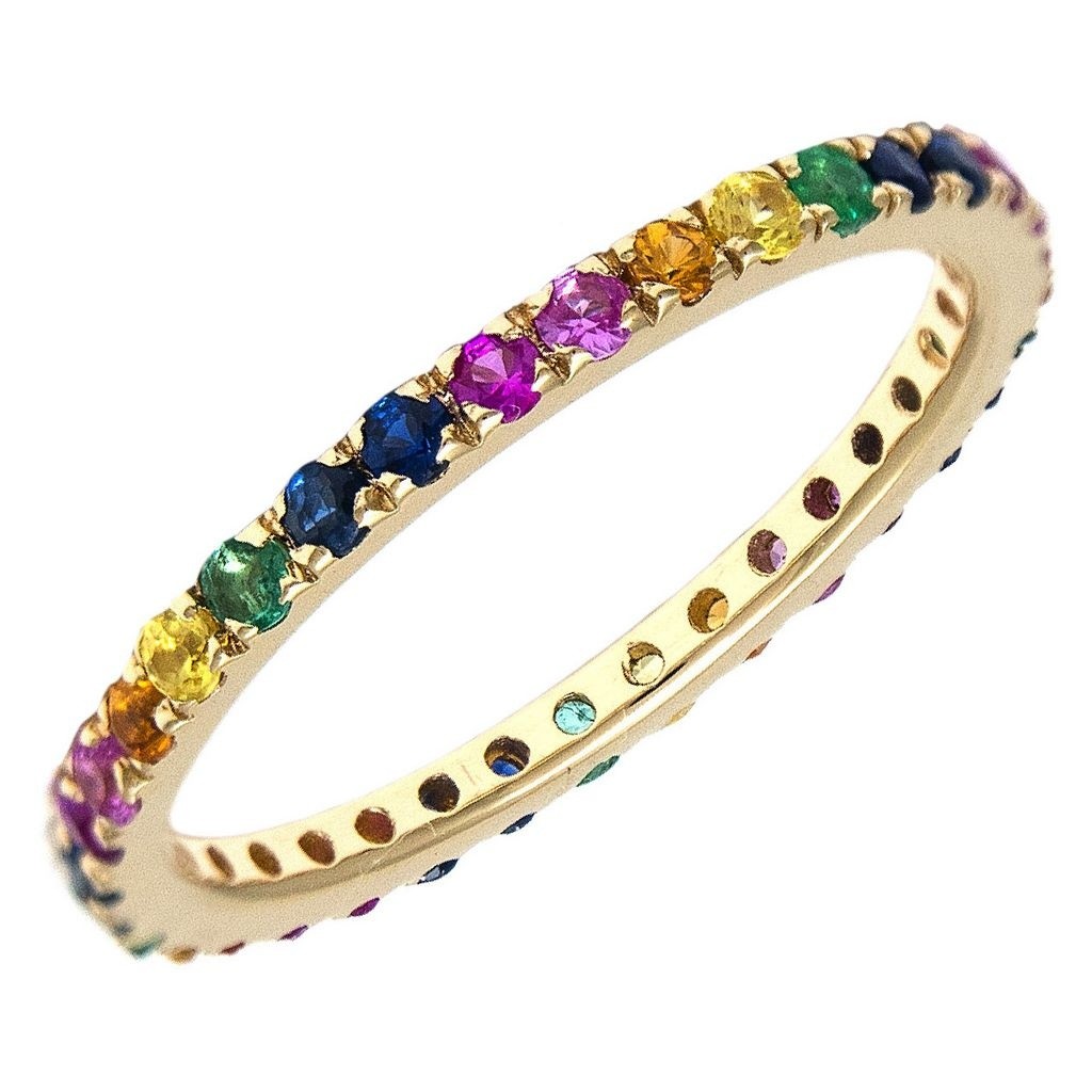 14K Real Solid Yellow Gold Eternity Prong Multi-Gem Ring Size 6.5