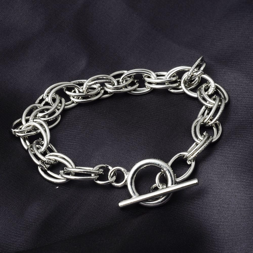 5Pcs Toggle Clasp Silver Color Charm Rolo Bracelet Double Oval Link Chain 18Cm D