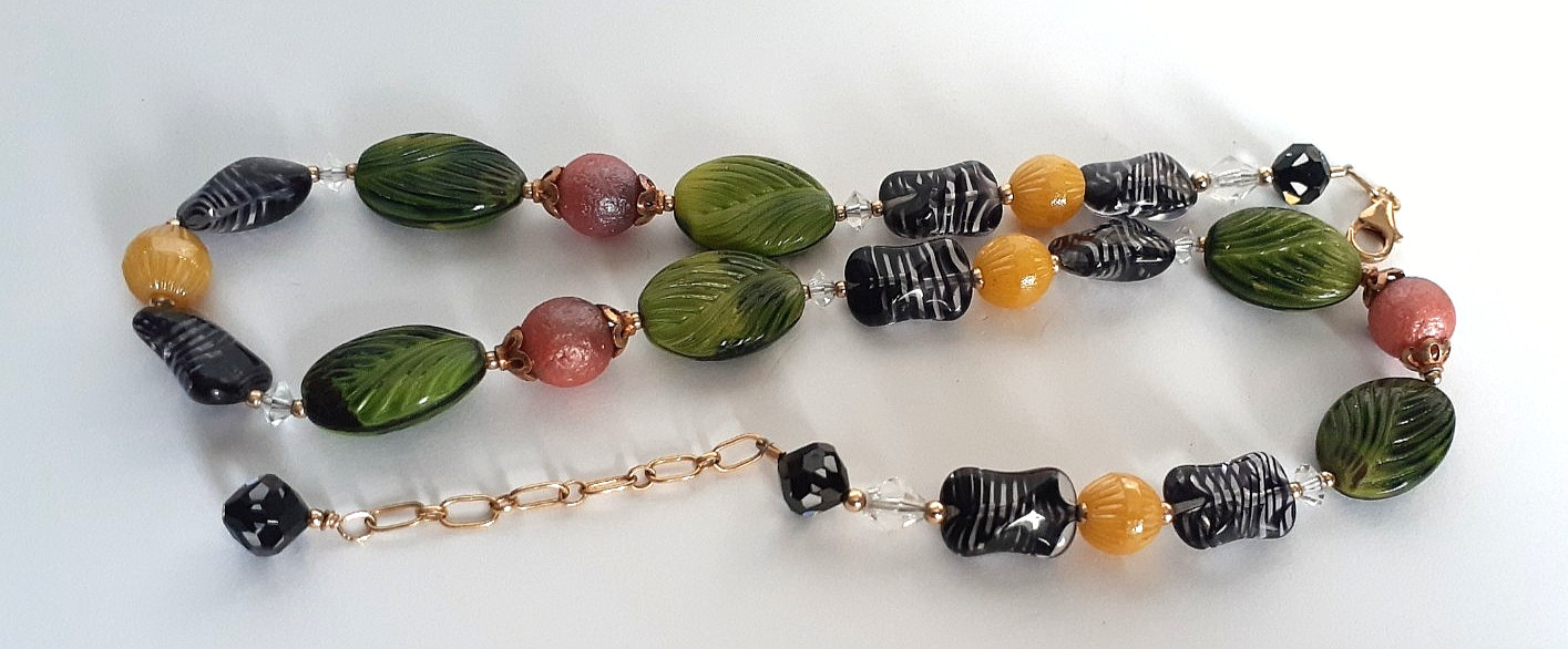 15″ Bohemian-style Necklace Handmade Painted Ceramic & Glass Beads w/2″ Extender