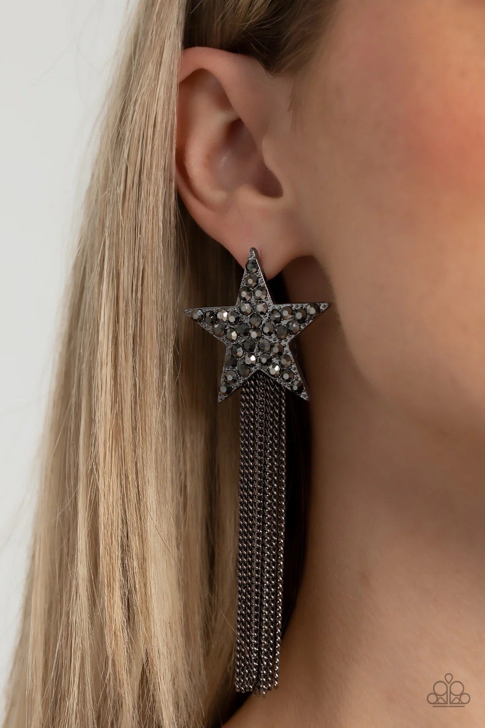 Paparazzi Silver-Tone Star Pavé Gray Rhinestone Tassel Dangle Hook Earrings