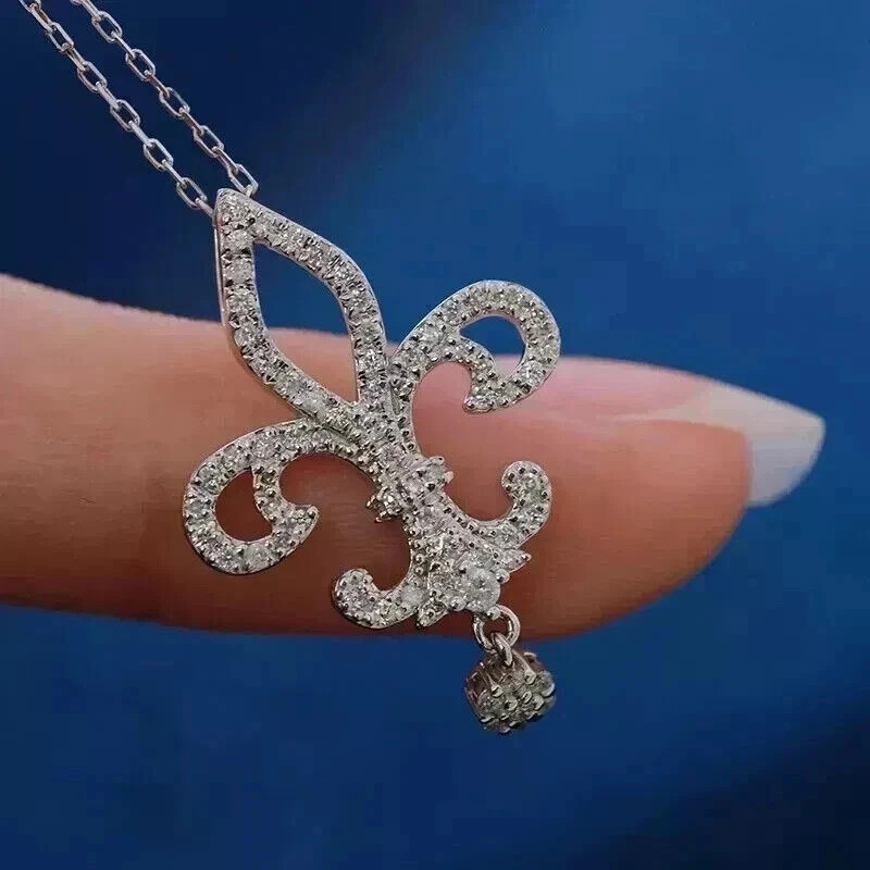 1.50Ct Round Cut Simulated Diamond Fleur-De-Lis Pendant 14K White Gold Plated