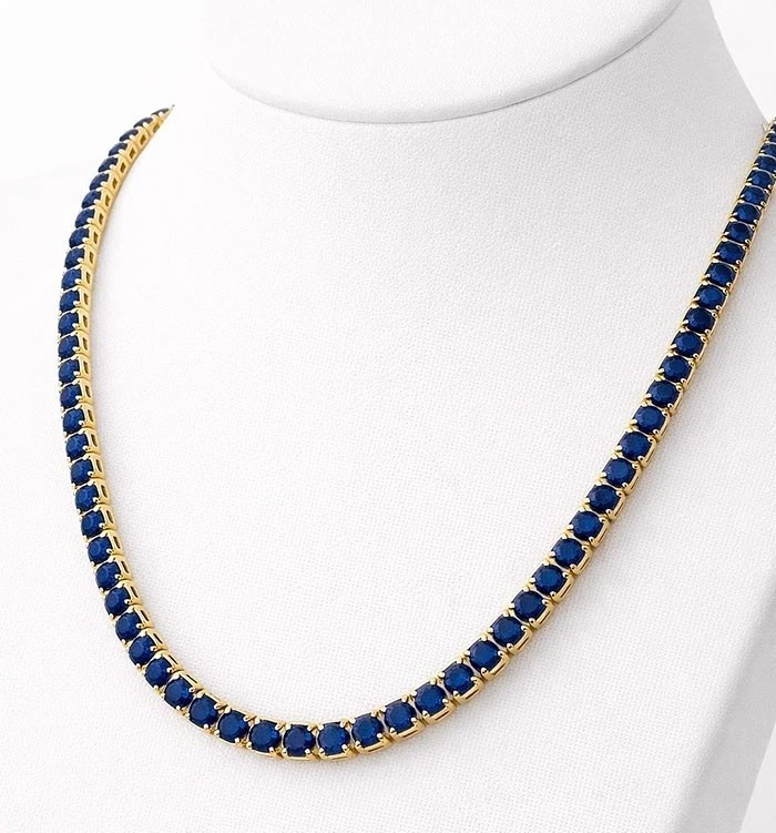 4MM Round Cut Lab Created Blue Sapphire Tennis necklace 14k Yellow Gold Plated