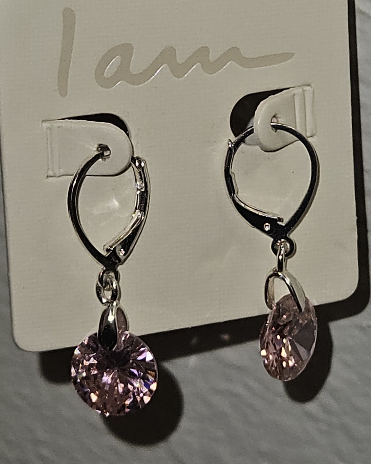 I AM PINK CUBIC ZIRCONIA SILVER TONE CRYSTAL DANGLE EARRINGS LEVERBACK