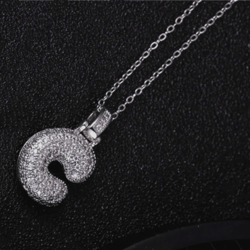 Silver Tone Full CZ Paved 3D Bubble Initial C Pendant Collarbone Necklace