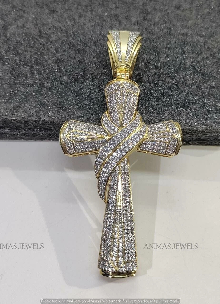 2.50Ct Real Moissanite Men’s Jesus Cross Designer Pendant 14k Yellow Gold Plated
