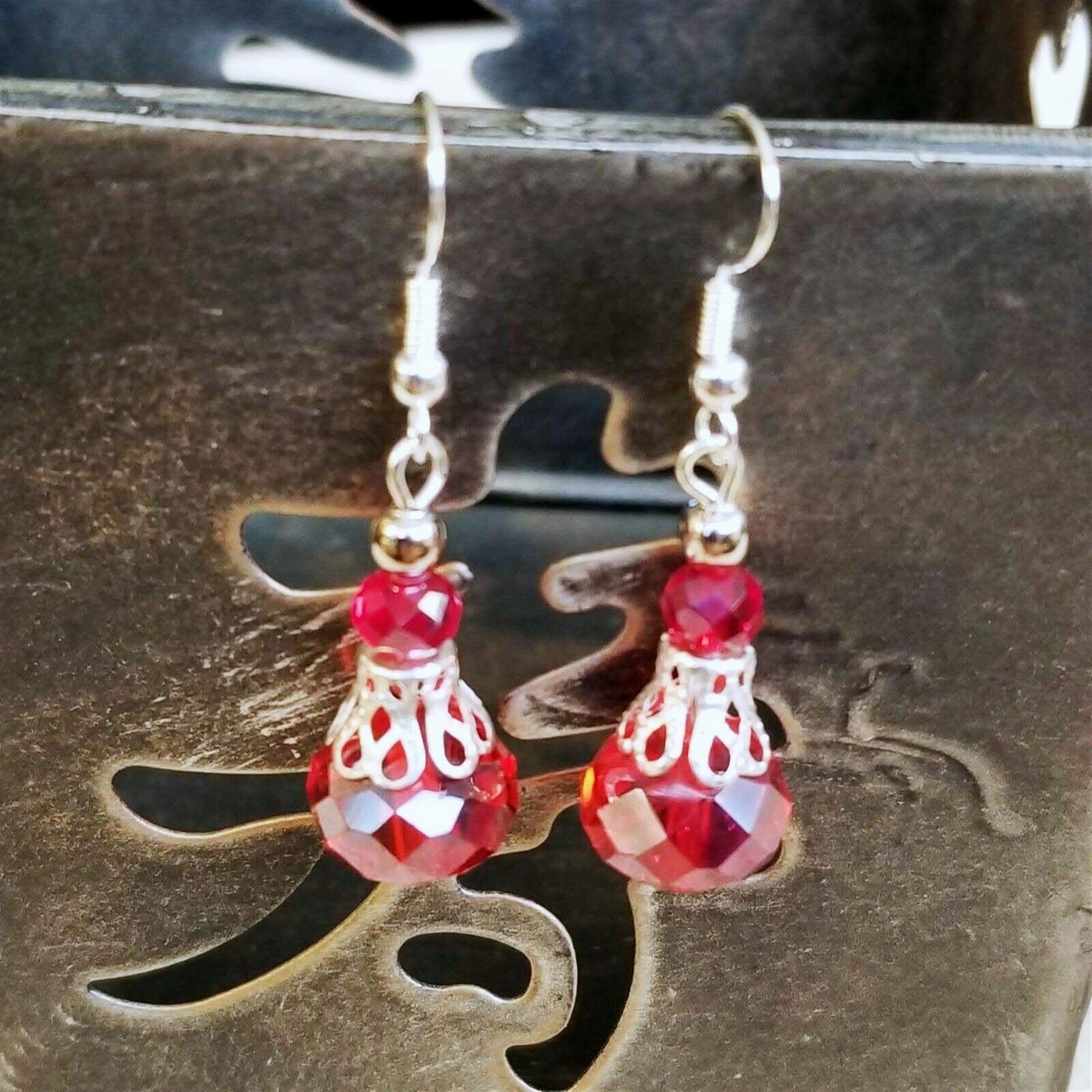 Victorian Red Crystal Silver Filigree Basket Handcrafted Earrings