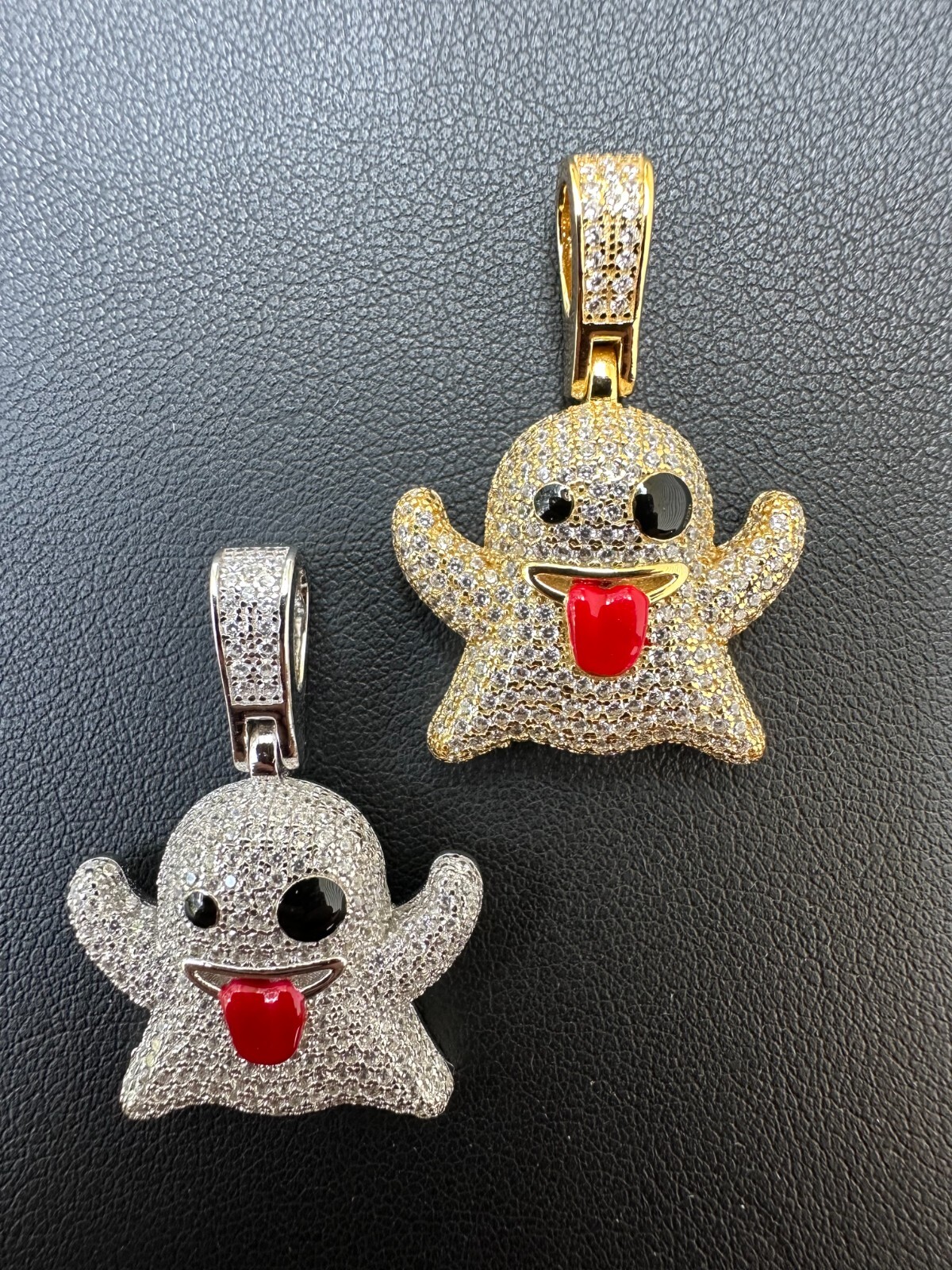Real 925 Sterling Silver Gold Plated Snapchat Laughing Ghost Piece Pendant CZ