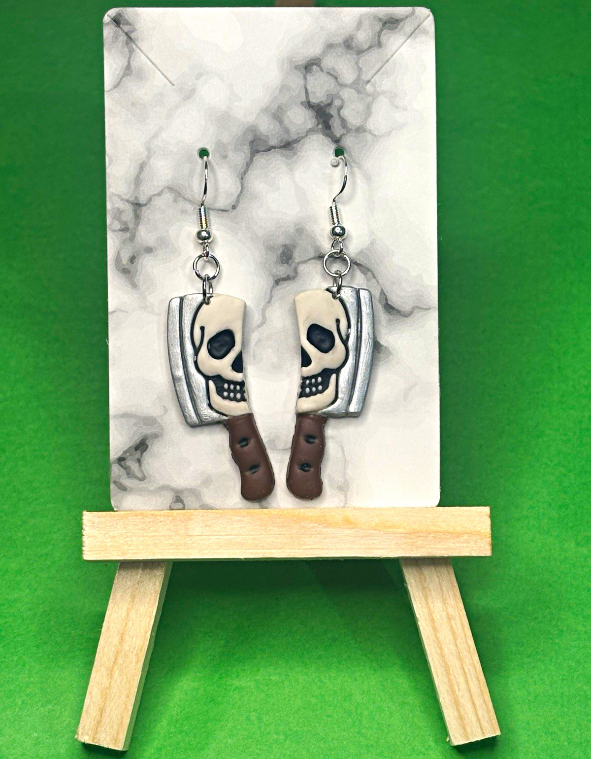 Handmade Skull & Cleaver Dangle Drop Hook Earrings